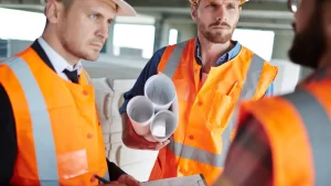 Engenheiros civis discutindo o projeto de uma obra com plantas em mãos, durante o planejamento para instalar tubos de concreto.