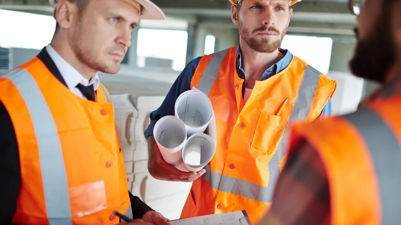 Engenheiros civis discutindo o projeto de uma obra com plantas em mãos, durante o planejamento para instalar tubos de concreto.
