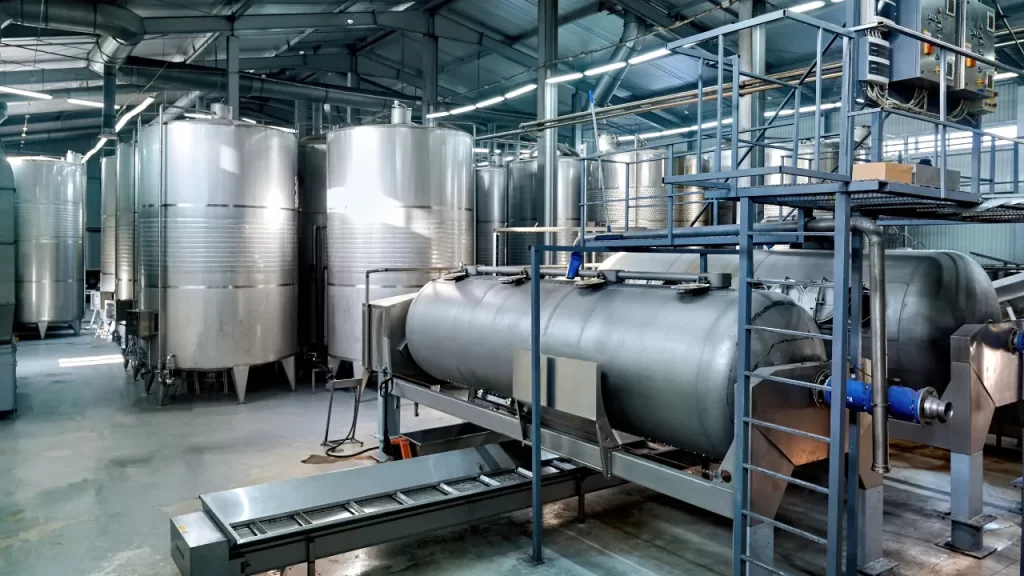 Interior de uma instalação industrial com tanques e equipamentos de caldeiraria em aço inox, utilizados em processos industriais diversos.