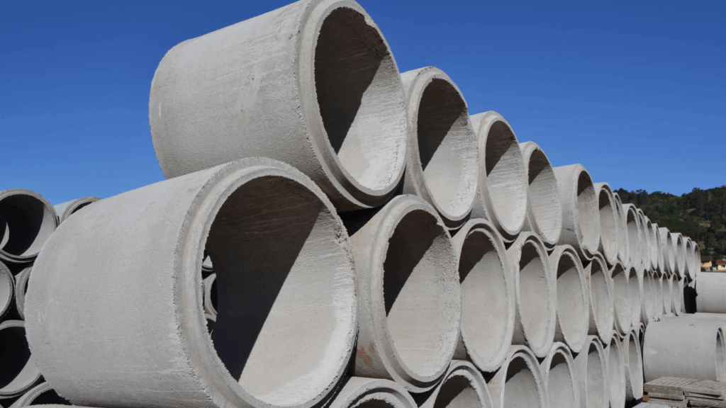 Tubos de concreto empilhados em um pátio industrial prontos para instalação em sistemas de drenagem.